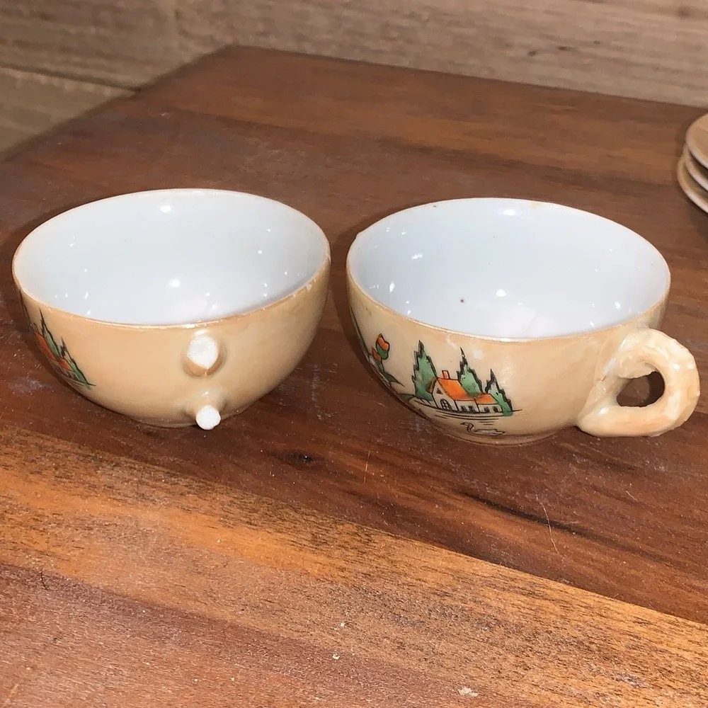 VTG Miniature Child Tea Set Pearlescent Lusterware Japan Flowers Swan House 11pc